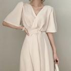 Plain Wrap Bell-sleeve Belted Dress