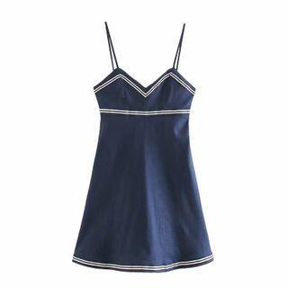 Spaghetti Strap V-neck Contrast Trim Mini A-line Dress