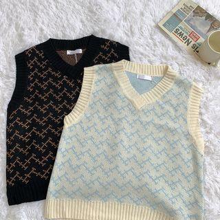 V-neck Two-tone Jacquard Knit Vest