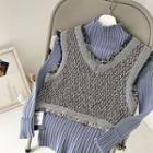 Tweed V-neck Vest / Plain Mock-neck Long-sleeve Knit Top