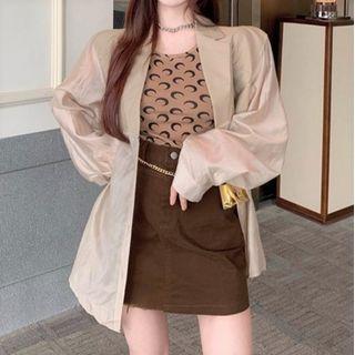 Shirt Jacket / Crescent Print Tank Top / Mini Pencil Skirt / Chain Belt Bag