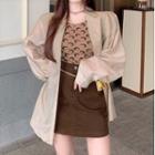 Shirt Jacket / Crescent Print Tank Top / Mini Pencil Skirt / Chain Belt Bag