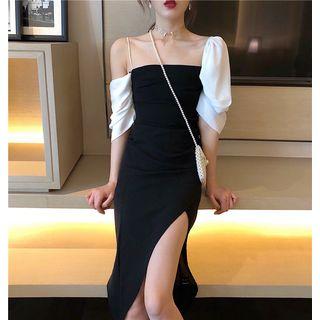 Puff-sleeve Asymmetric Color Block Dress