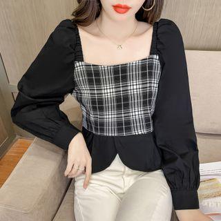 Plaid Panel Cropped Blouse