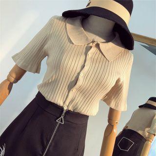 Collared Short-sleeve Rib Knit Top