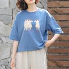 Elbow-sleeve Printed T-shirt Blue - One Size