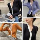 V-neck Two-tone Button-up Slim-fit Knit Top