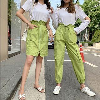 Mock Two-piece Short-sleeve Mini Dress / Long-sleeve Cutout T-shirt / Harem Pants / Set