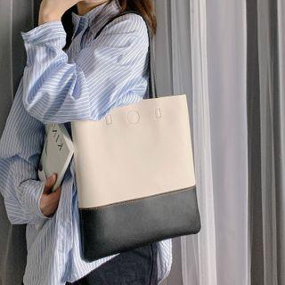Faux Leather Paneled Tote Bag Black & White - One Size