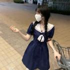 Sailor Collar Bow-accent Dress Dark Blue - One Size
