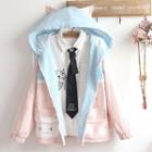 Color Block Hooded Zip Jacket / Cat Embroidered Shirt / Set
