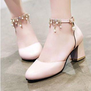 Rhinestone Tassels Ankle Strap Dorsay Pumps