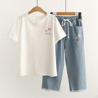 Sakura Embroidered Wide-leg Jeans / Denim Shorts / Short-sleeve T-shirt / Set
