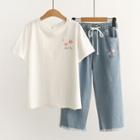 Sakura Embroidered Wide-leg Jeans / Denim Shorts / Short-sleeve T-shirt / Set