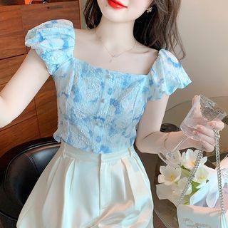 Puff-sleeve Square-neck Slim-fit Top