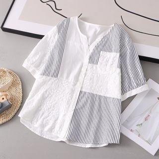 Short-sleeve Patterned Panel Lace Shirt (various Designs)
