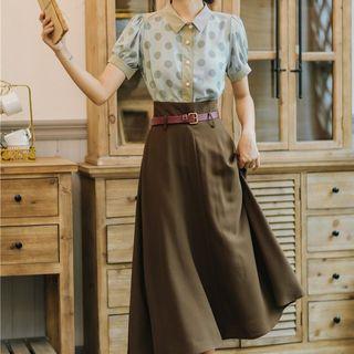 Set: Puff-sleeve Polka Dot Shirt + A-line Midi Skirt