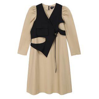 Set: Long-sleeve Midi A-line Dress + Cut-out Cropped Vest Set - Khaki - One Size