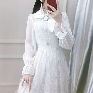 Long-sleeve Fringed Star Panel Midi A-line Dress