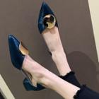 Metal Disc Faux Leather Pointed Low Heel Pumps