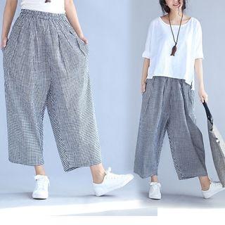 Plain Elbow-sleeve T-shirt / Check Wide-leg Pants / Set: Plain Elbow-sleeve T-shirt / Check Wide-leg Pants
