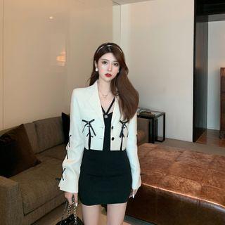 Ribbon Cropped Blazer / Halter Mini Sheath Dress