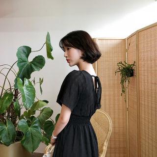 Puff-shoulder Smocked-waist Midi Dress