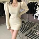 Plain Square-neck Puff-sleeve Slim-fit Knit Dress