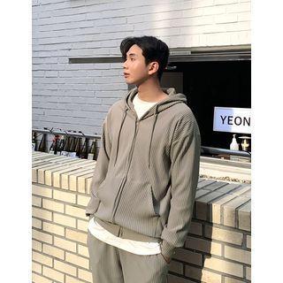 Kangaroo-pocket Zip-up Ribbed Hoodie