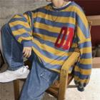 Couple Matching Lettering Embroidered Striped Sweatshirt