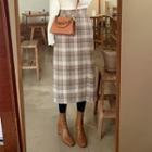 Wool Blend Plaid Midi Skirt Beige - One Size