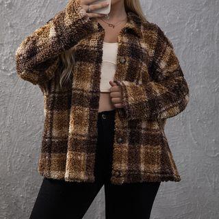 Plus Size Plaid Fleece Button Shirt Jacket