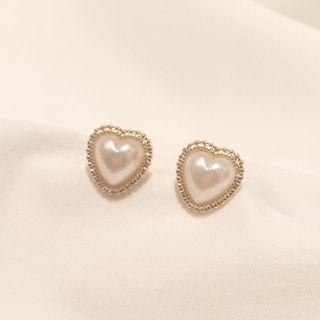 Heart Stud Earring 1 Pair - S925 Silver - Gold & White - One Size