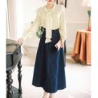 Ruffled Lace Blouse / Denim Midi A-line Skirt