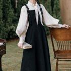 Set: Puff-sleeve Blouse + Buckle Strap Midi Dress