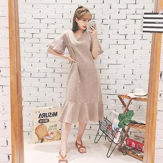 Ruffle-hem Long Gingham Dress