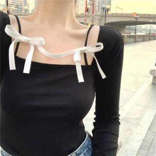Bow-accent Long-sleeve Slim-fit Top As Figure - One Size