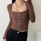 Long Sleeve Square-neck Ribbed-knit Corset Top