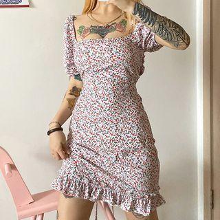 Short-sleeve Floral Print Open-back Mini Sheath Dress