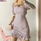 Short-sleeve Floral Print Open-back Mini Sheath Dress