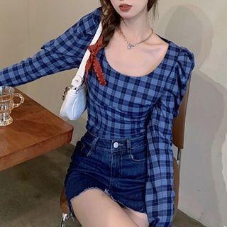 Plaid Blouse / Denim Mini Pencil Skirt