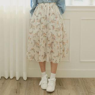 Floral Chiffon Gathered Midi Skirt Ivory - One Size