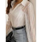 Shirred Glittered-trim Tulle Blouse