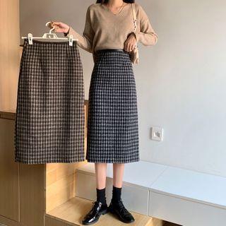 Plaid Split Midi Skirt