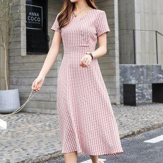 Short-sleeve Checker A-line Midi Dress
