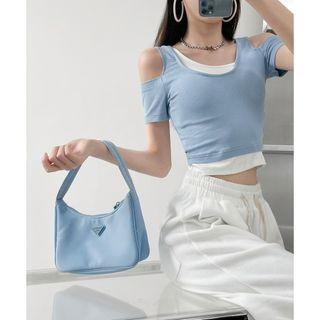 Cutout-shoulder Mock Two-piece Crop T-shirt In 5 Colors