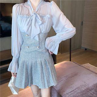 Set: Tie-neck Panel Blouse + Pleated Skirt