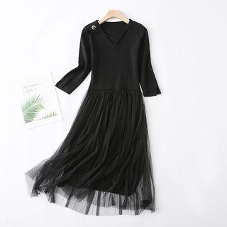 3/4-sleeve Sheer Panel A-line Midi Dress Black - One Size