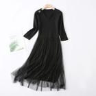 3/4-sleeve Sheer Panel A-line Midi Dress Black - One Size
