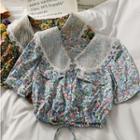 Tie-hem Mesh-collar Floral Crop Top